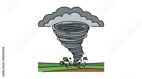 Flat vector outline illustration of a tornado funnel over land, extreme weather disaster concept, simple geometric shapes, clean lines