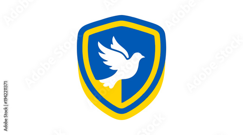 Peaceful Dove Shield Emblem Logo on Blue and Yellow Crest. Vector Illustrations. EPS Editable