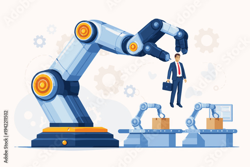 Conceptual vector illustration of a giant robotic arm lifting a small businessman, representing artificial intelligence and automation replacing human labor in the modern industrial workplace.