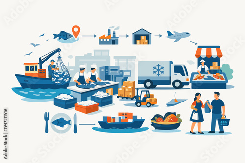 Comprehensive Seafood Industry Supply Chain Vector: Illustrating Fish Harvesting, Factory Processing, Cold Chain Logistics, Global Export, and Retail Sale to Consumers in a Flat Design Style.