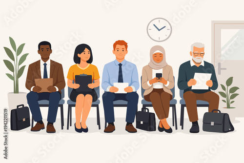 Diverse group of professional candidates sitting in a waiting room for a job interview. Multi-ethnic men and women with resumes and briefcases waiting for recruitment in a flat vector style.