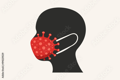 Conceptual Vector Illustration of a Human Head Silhouette Wearing a Red Coronavirus Pathogen Face Mask, Representing COVID-19 Pandemic Protection, Health Safety, and Viral Infection Prevention.