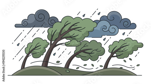 Flat vector outline illustration of strong wind bending trees, storm and hurricane disaster concept, simple geometric shapes
