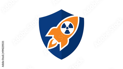 Security Shield and Rocket Emblem for Nuclear Safety. Vector Illustrations. EPS Editable
