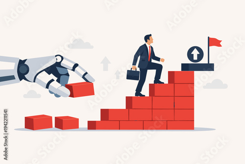 Vector illustration of a robotic hand stacking blocks to create a staircase for a businessman, symbolizing AI assistance in career advancement, business automation, and professional success.