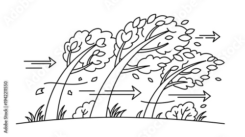 Flat vector outline illustration of strong wind bending trees, storm and hurricane disaster concept, simple geometric shapes