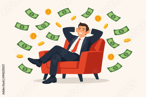Successful businessman sitting in a red armchair under a rain of money bills and gold coins, representing financial freedom, wealth, prosperity, passive income, and business achievement.