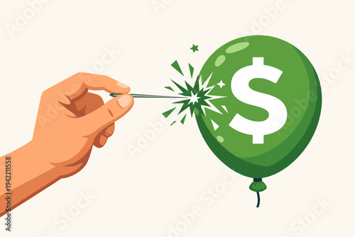 Hand with needle piercing a green balloon with dollar sign symbol, conceptual vector illustration of economic bubble bursting, financial crisis, market crash, inflation, and investment risk.