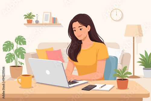 Young Woman Freelancer Working on Laptop at Home Office Desk with Coffee and Plants, Flat Vector Illustration of Remote Work, Productivity, and Cozy Lifestyle in a Modern Living Room Environment