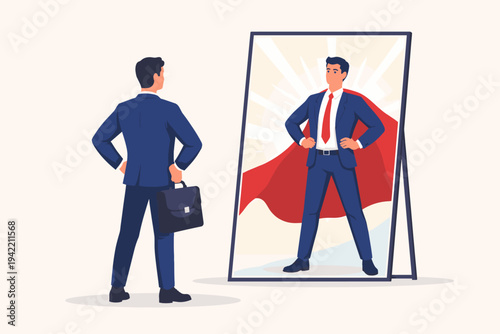 Successful businessman looking in a mirror seeing his inner superhero reflection with a red cape. Concept of self-confidence, motivation, leadership, and professional potential. Flat vector.