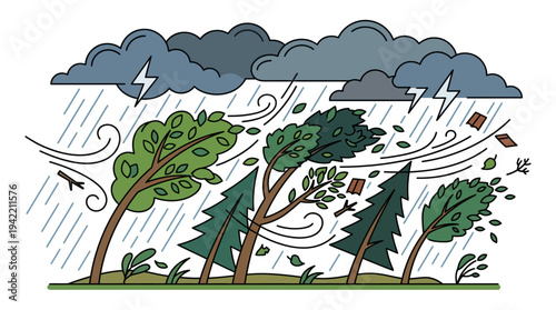 Flat vector outline illustration of strong wind bending trees, storm and hurricane disaster concept, simple geometric shapes