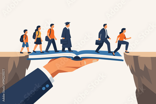 Vector Illustration of a Giant Hand Holding an Open Book as a Bridge for People of Different Ages to Cross a Gap, Representing Education, Lifelong Learning, Career Growth, and Success Path.