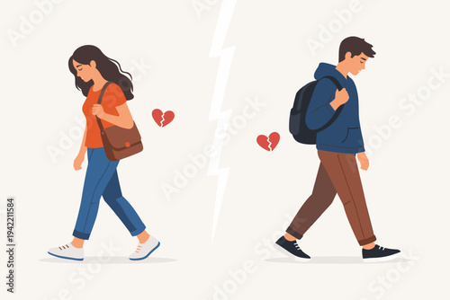 Sad Young Couple Walking Away from Each Other After a Breakup, Separation Concept with Broken Heart Icons and Lightning Bolt Divider, Flat Vector Illustration of Man and Woman Ending Relationship