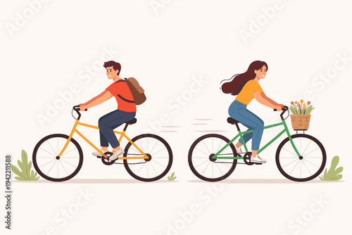 Flat vector illustration of a young man and woman riding bicycles in opposite directions. Man on a yellow bike with a backpack and woman on a green bike with a flower basket. Active lifestyle.