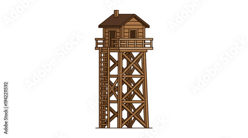 Flat vector outline illustration of a wooden observation tower with ladder, simple lookout structure made of timber beams