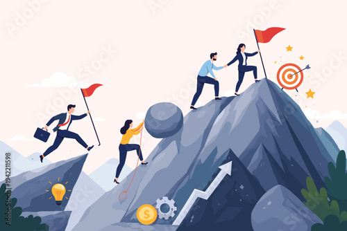 Business people overcoming obstacles and climbing a mountain to reach success. Teamwork, leadership, and motivation concept with target, flag, and lightbulb symbols in a flat vector illustration.