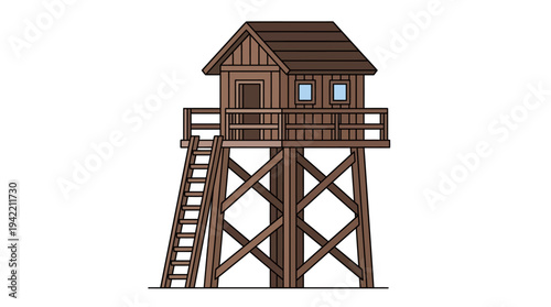 Flat vector outline illustration of a wooden observation tower with ladder, simple lookout structure made of timber beams
