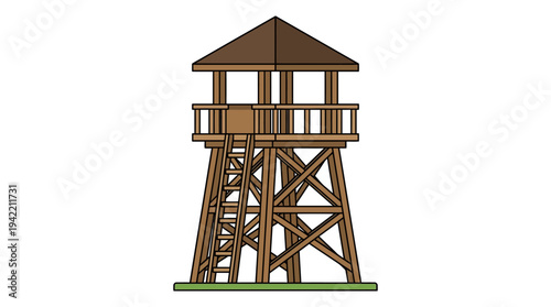 Flat vector outline illustration of a wooden observation tower with ladder, simple lookout structure made of timber beams
