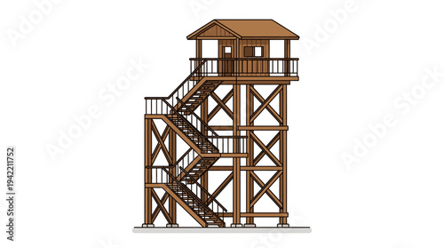 Flat vector outline illustration of a wooden observation tower with ladder, simple lookout structure made of timber beams