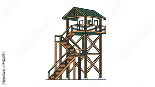 Flat vector outline illustration of a wooden observation tower with ladder, simple lookout structure made of timber beams