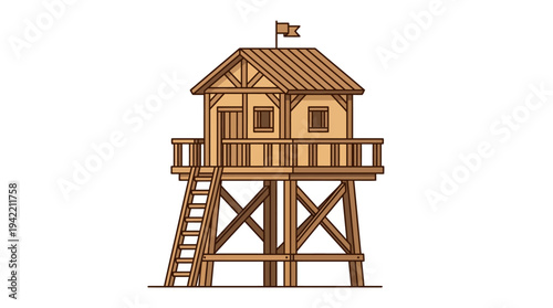 Flat vector outline illustration of a wooden observation tower with ladder, simple lookout structure made of timber beams
