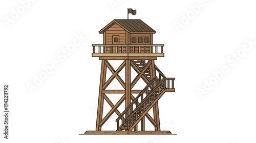 Flat vector outline illustration of a wooden observation tower with ladder, simple lookout structure made of timber beams