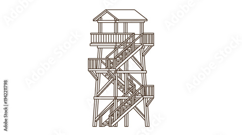 Flat vector outline illustration of a wooden observation tower with ladder, simple lookout structure made of timber beams