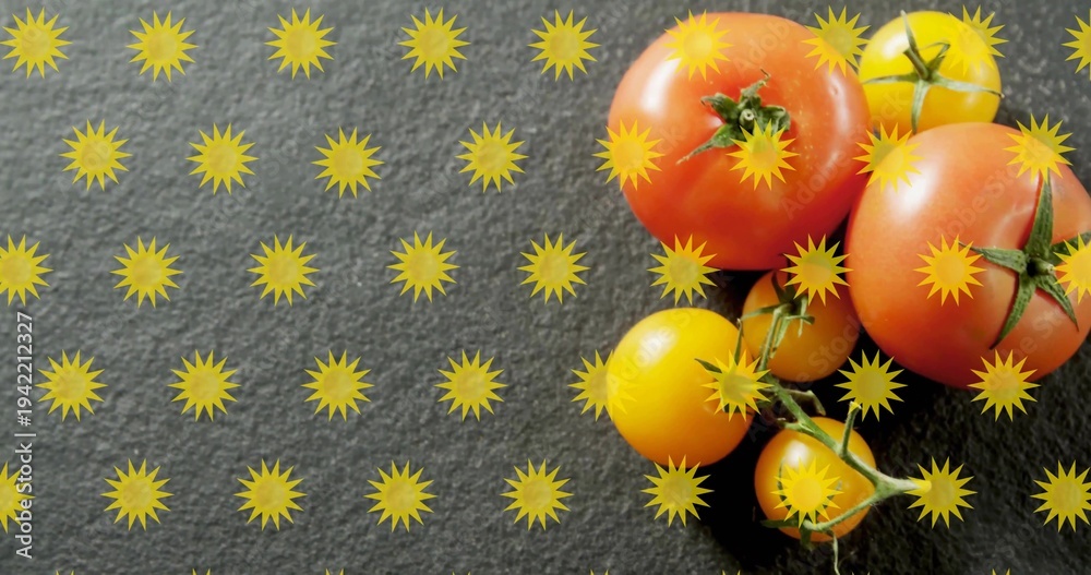 Fototapeta premium Showing red tomatoes and yellow cherry tomatoes on dark slate, with stems, yellow stars, copy space