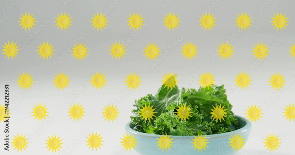 Naklejka premium Displaying light blue bowl holding kale leaves at pale studio table, sunburst grid, copy space