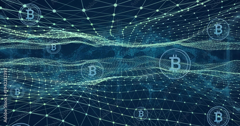 Fototapeta premium Visualizing central 3D blockchain network mesh glowing on dark blue field, with Bitcoin symbols