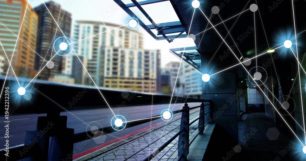 Obraz premium Framing covered urban walkway showing metal railing tiled path canopy red curb road glowing nodes