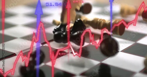 Obraz Featuring toppled black king and scattered light wood pieces on glossy chessboard, financial chart
