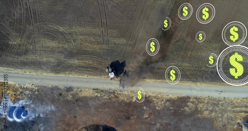 Driving tractor pulling plow along dirt road at rural farm, leaving dust plume, dollar icons