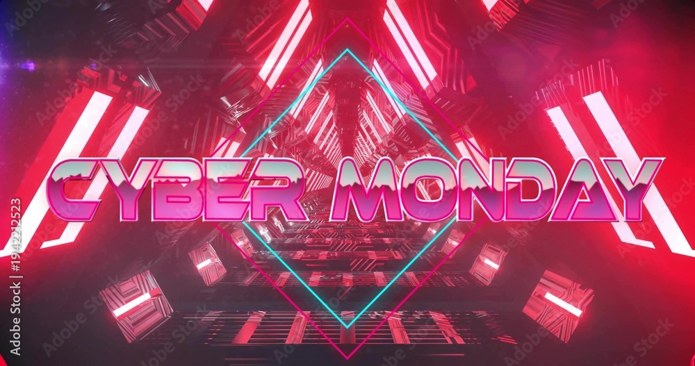 Fototapeta premium Glowing CYBER MONDAY sign dominating futuristic tunnel, with cyan diamond frame and floating cubes
