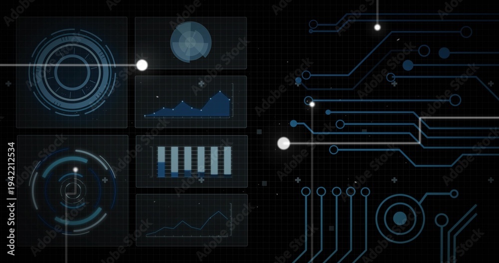 Naklejka premium Displaying six translucent panels on left of HUD grid, showing radar, charts, circuits, copy space