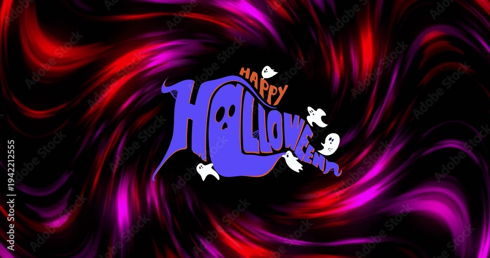 Obraz premium Showing purple Halloween text with orange Happy accent over dark vortex, four white ghosts floating