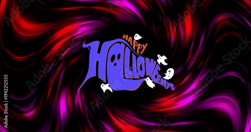 Showing purple Halloween text with orange Happy accent over dark vortex, four white ghosts floating