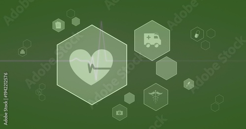 Showing large central hex with heart and ECG line on green backdrop, with ambulance, pill icons