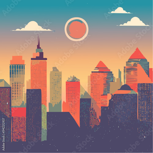 Stylizowany pejzaż miejski z wieżowcami o zachodzie słońca w retro kolorystyce z teksturą.