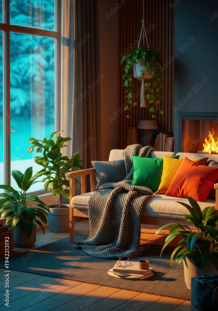 Fototapeta premium Cozy eco-friendly interior in winter, featuring warm natural light, sustainable design elements, and a serene snowy view, inviting, house, wood