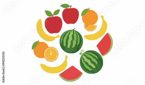 Colorful Fresh Fruit Set with Apple Banana Orange and Watermelon Healthy Food Vector Illustration