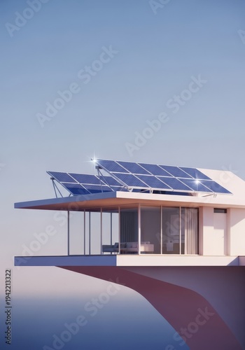 Elegant, sustainable dwelling featuring sleek modern design, solar integration, and expansive views, embodying eco-conscious upscale living, sustainable living, eco living, future