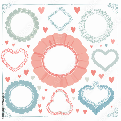 Conjunto de marcos decorativos vintage con volantes y corazones dibujados a mano sobre fondo blanco.