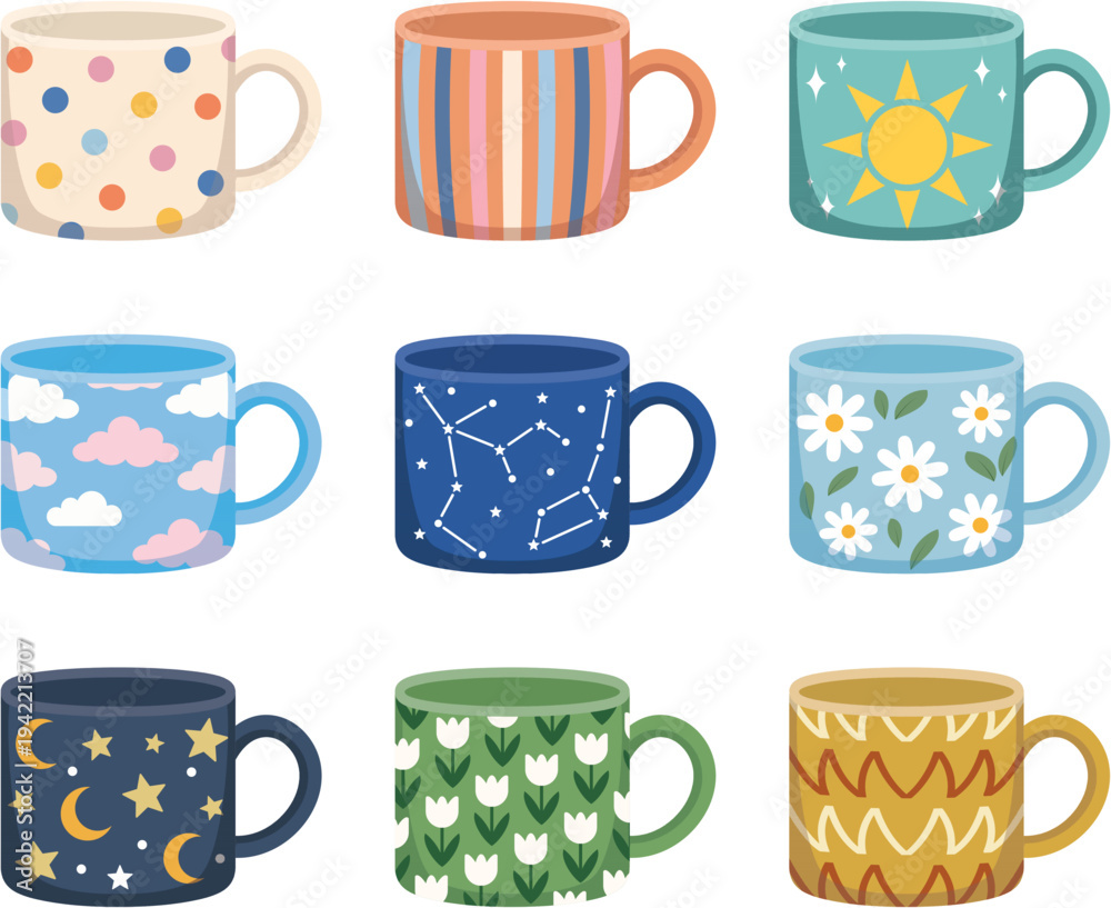 Obraz premium Colorful Patterned Mug Collection With Cute Designs