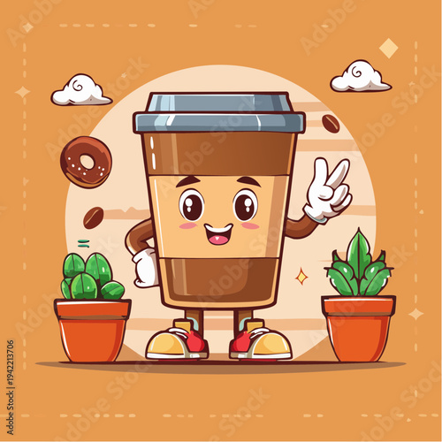 Zabawny kubek kawy na wynos z uśmiechem, otoczony roślinami i doniczkami w stylu kreskówki.