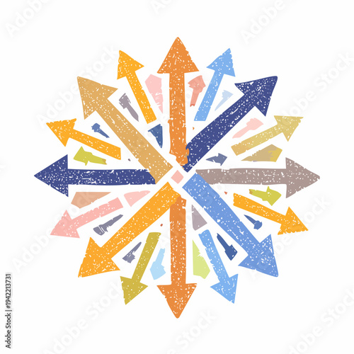 Ilustración de flechas multicolores apuntando en todas direcciones sobre fondo transparente, concepto de dirección.