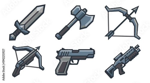 Collection of Modern and Medieval Weapons Icons. Vector Illustrations. EPS Editable