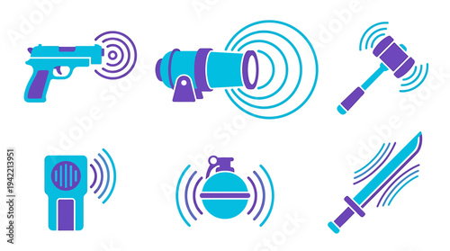 Futuristic Weapon and Sound Technology Icon Set for Graphics. Vector Illustrations. EPS Editable