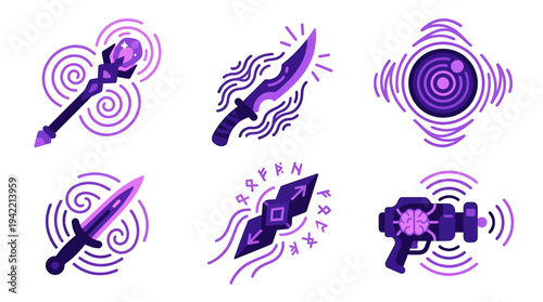 Magical Energy Wands and Purple Auras in Motion. Vector Illustrations. EPS Editable