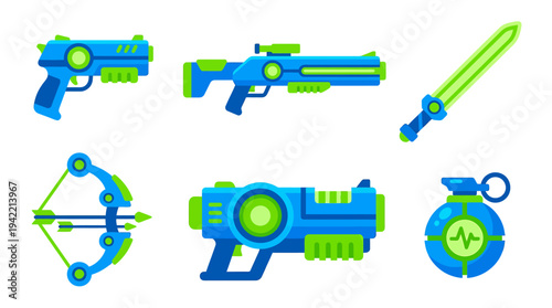 Colorful Futuristic Toy Weapons Display Featuring Blaster Laser Swords and Neon Bow. Vector Illustrations. EPS Editable